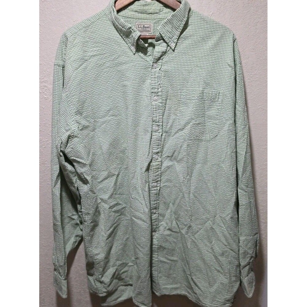 LL Bean Mens 2XLT Tall Green White Gingham Seersucker Pocket Long Sleeve Shirt